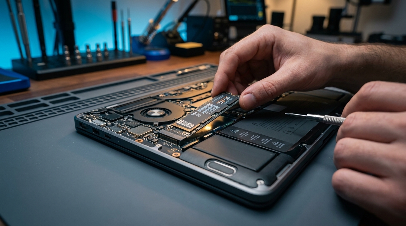 Técnico realizando reparo em placa-mãe de notebook em laboratório de assistência técnica na Zona Norte de SP